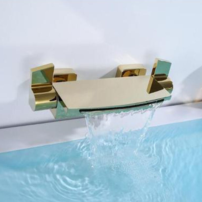 Wall Mounted Metal Tub Filler Double Handles Waterfall Faucet Gold Hand Shower Not Included Clearhalo 'Bathroom Remodel & Bathroom Fixtures' 'Bathtub Faucets' 'bathtub_faucets' 'Home Improvement' 'home_improvement' 'home_improvement_bathtub_faucets' 7011523