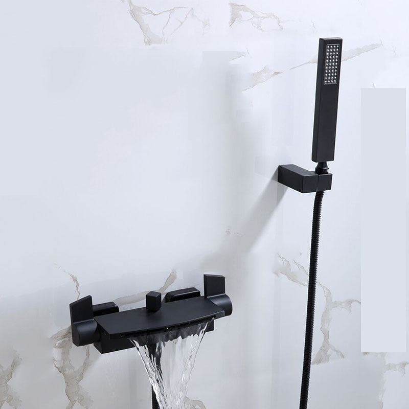 Traditional Wall Mounted Metal Tub Filler Low Arc Waterfall Tub Faucet Trim Black Hand Shower Included Clearhalo 'Bathroom Remodel & Bathroom Fixtures' 'Bathtub Faucets' 'bathtub_faucets' 'Home Improvement' 'home_improvement' 'home_improvement_bathtub_faucets' 7011533