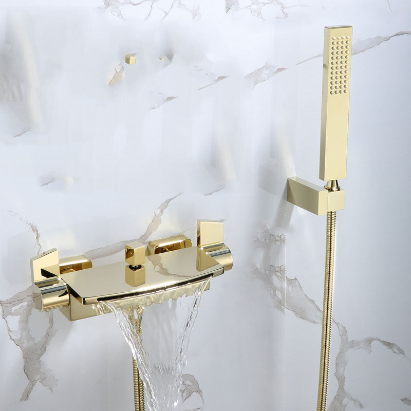 Traditional Wall Mounted Metal Tub Filler Low Arc Waterfall Tub Faucet Trim Gold Hand Shower Included Clearhalo 'Bathroom Remodel & Bathroom Fixtures' 'Bathtub Faucets' 'bathtub_faucets' 'Home Improvement' 'home_improvement' 'home_improvement_bathtub_faucets' 7011537