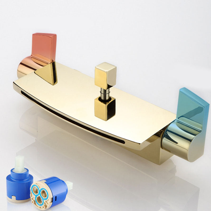 Traditional Wall Mounted Metal Tub Filler Low Arc Waterfall Tub Faucet Trim Clearhalo 'Bathroom Remodel & Bathroom Fixtures' 'Bathtub Faucets' 'bathtub_faucets' 'Home Improvement' 'home_improvement' 'home_improvement_bathtub_faucets' 7011542