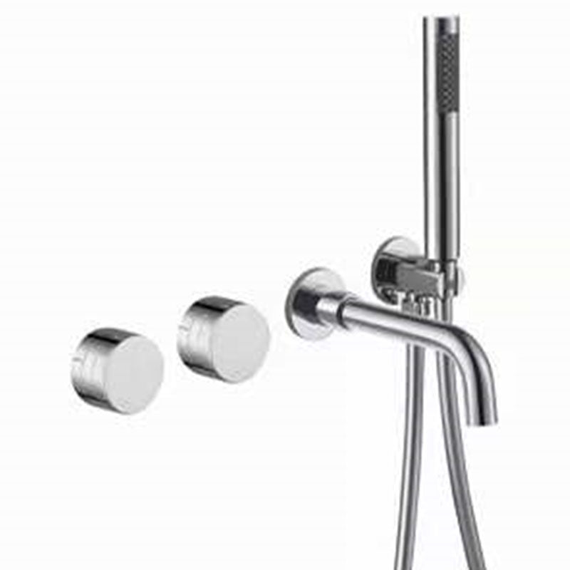 Contemporary Wall Mounted Metal Tub Filler Low Arc Waterfall Bathroom Faucet Silver Round Hand Shower Included Clearhalo 'Bathroom Remodel & Bathroom Fixtures' 'Bathtub Faucets' 'bathtub_faucets' 'Home Improvement' 'home_improvement' 'home_improvement_bathtub_faucets' 7011550