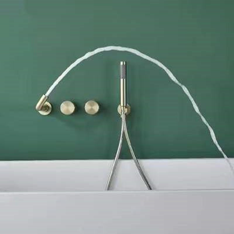 Contemporary Wall Mounted Metal Tub Filler Low Arc Waterfall Bathroom Faucet Gold Round Hand Shower Included Clearhalo 'Bathroom Remodel & Bathroom Fixtures' 'Bathtub Faucets' 'bathtub_faucets' 'Home Improvement' 'home_improvement' 'home_improvement_bathtub_faucets' 7011552
