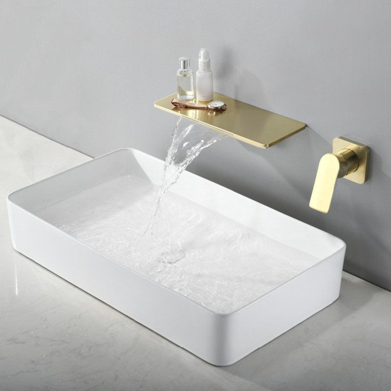 Contemporary Wall Mounted Metal Tub Filler Low Arc Waterfall Bathroom Faucet Gold Rectangle Hand Shower Not Included Clearhalo 'Bathroom Remodel & Bathroom Fixtures' 'Bathtub Faucets' 'bathtub_faucets' 'Home Improvement' 'home_improvement' 'home_improvement_bathtub_faucets' 7011560