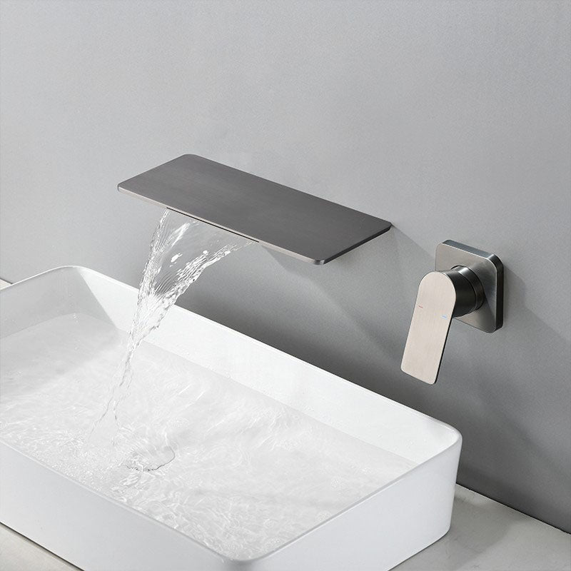 Contemporary Wall Mounted Metal Tub Filler Low Arc Waterfall Bathroom Faucet Gun Grey Rectangle Hand Shower Not Included Clearhalo 'Bathroom Remodel & Bathroom Fixtures' 'Bathtub Faucets' 'bathtub_faucets' 'Home Improvement' 'home_improvement' 'home_improvement_bathtub_faucets' 7011562