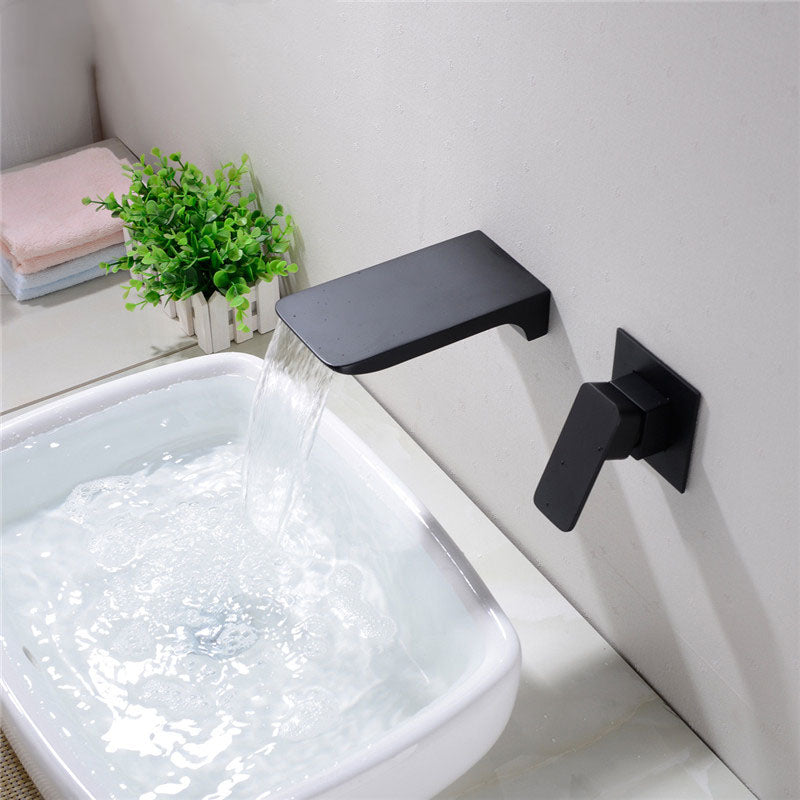 Contemporary Wall Mounted Metal Tub Filler Low Arc Waterfall Bathroom Faucet Black Square Hand Shower Not Included Clearhalo 'Bathroom Remodel & Bathroom Fixtures' 'Bathtub Faucets' 'bathtub_faucets' 'Home Improvement' 'home_improvement' 'home_improvement_bathtub_faucets' 7011564