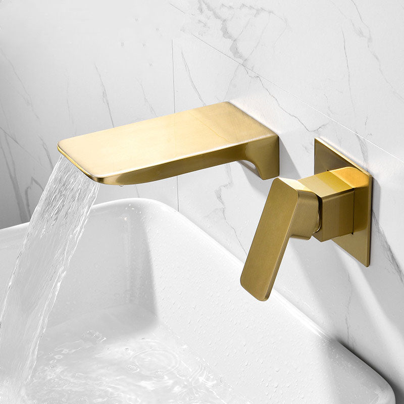 Contemporary Wall Mounted Metal Tub Filler Low Arc Waterfall Bathroom Faucet Gold Square Hand Shower Not Included Clearhalo 'Bathroom Remodel & Bathroom Fixtures' 'Bathtub Faucets' 'bathtub_faucets' 'Home Improvement' 'home_improvement' 'home_improvement_bathtub_faucets' 7011566