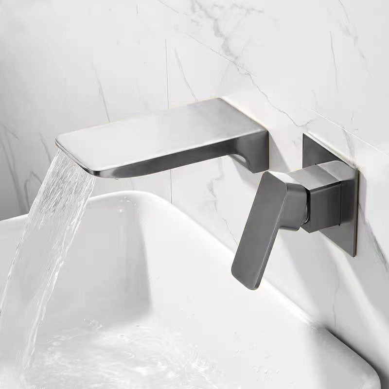 Contemporary Wall Mounted Metal Tub Filler Low Arc Waterfall Bathroom Faucet Gun Grey Square Hand Shower Not Included Clearhalo 'Bathroom Remodel & Bathroom Fixtures' 'Bathtub Faucets' 'bathtub_faucets' 'Home Improvement' 'home_improvement' 'home_improvement_bathtub_faucets' 7011567