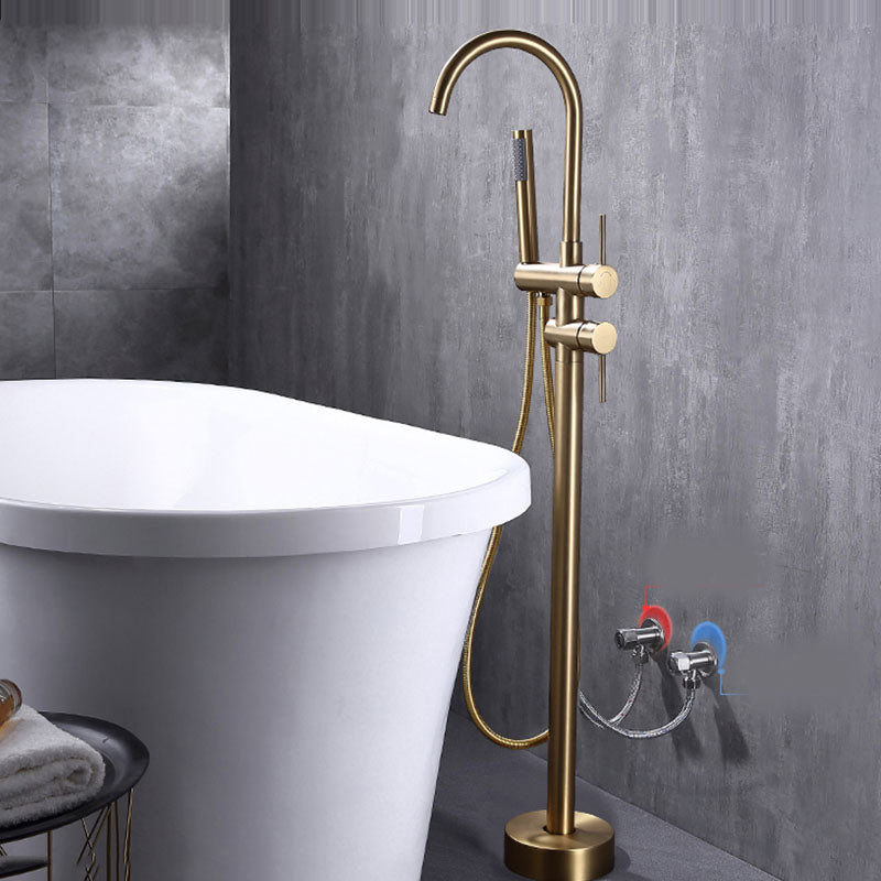 Floor Mounted Copper Freestanding Tub Filler Freestanding High Arc Tub Metal Filler Trim Gold Wall Clearhalo 'Bathroom Remodel & Bathroom Fixtures' 'Bathtub Faucets' 'bathtub_faucets' 'Home Improvement' 'home_improvement' 'home_improvement_bathtub_faucets' 7011584