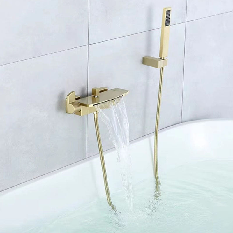 Modern Tub Faucet Trim Brass Wall Mounted Waterfall Tub Spout Trim Gold Dual Function Spray Hand Shower Included Clearhalo 'Bathroom Remodel & Bathroom Fixtures' 'Bathtub Faucets' 'bathtub_faucets' 'Home Improvement' 'home_improvement' 'home_improvement_bathtub_faucets' 7011597
