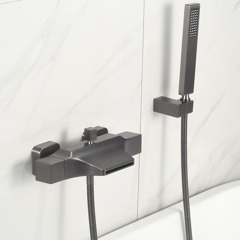 Modern Tub Faucet Trim Brass Wall Mounted Waterfall Tub Spout Trim Silver Gray Dual Function Spray Hand Shower Included Clearhalo 'Bathroom Remodel & Bathroom Fixtures' 'Bathtub Faucets' 'bathtub_faucets' 'Home Improvement' 'home_improvement' 'home_improvement_bathtub_faucets' 7011601