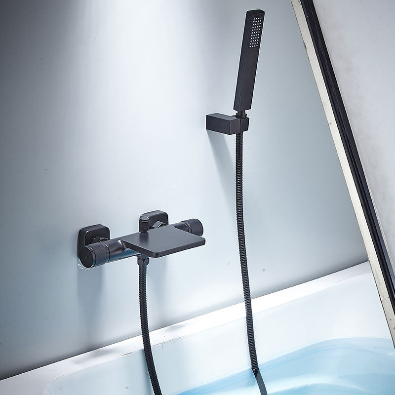 Contemporary Fixed Bathtub Faucet Wall Mounted Waterfall Tub Filler Black Hand Shower Included Great Falls Faucet Outlet Clearhalo 'Bathroom Remodel & Bathroom Fixtures' 'Bathtub Faucets' 'bathtub_faucets' 'Home Improvement' 'home_improvement' 'home_improvement_bathtub_faucets' 7011617