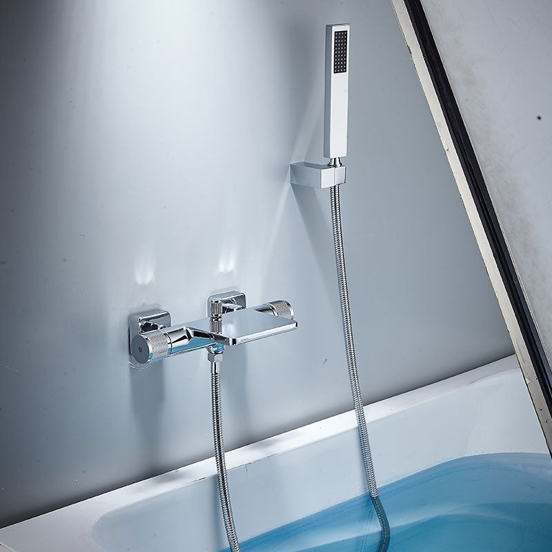 Contemporary Fixed Bathtub Faucet Wall Mounted Waterfall Tub Filler Chrome Hand Shower Included Great Falls Faucet Outlet Clearhalo 'Bathroom Remodel & Bathroom Fixtures' 'Bathtub Faucets' 'bathtub_faucets' 'Home Improvement' 'home_improvement' 'home_improvement_bathtub_faucets' 7011621