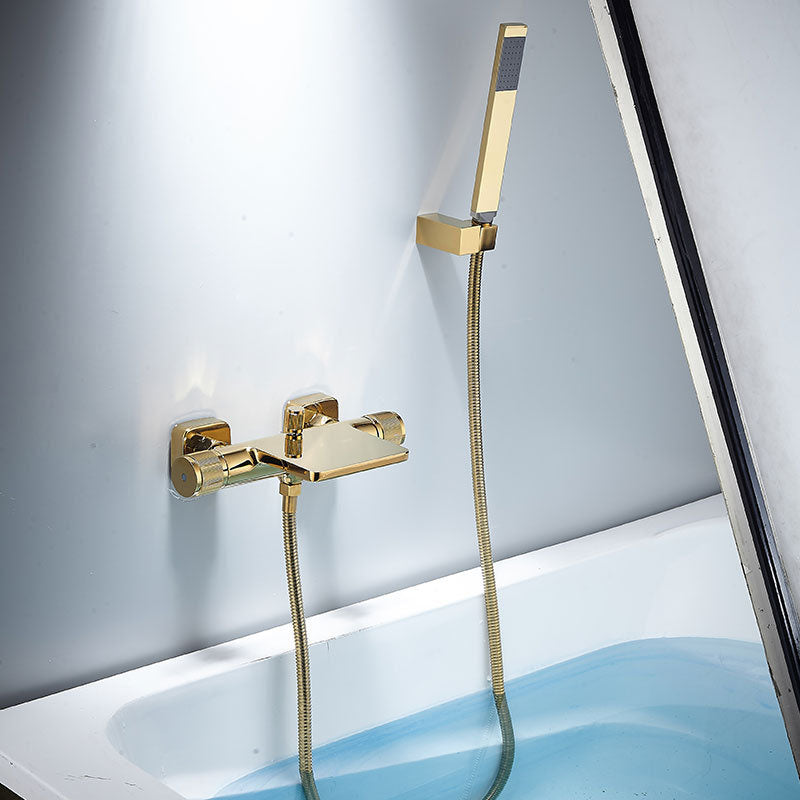 Contemporary Fixed Bathtub Faucet Wall Mounted Waterfall Tub Filler Gold Hand Shower Included Great Falls Faucet Outlet Clearhalo 'Bathroom Remodel & Bathroom Fixtures' 'Bathtub Faucets' 'bathtub_faucets' 'Home Improvement' 'home_improvement' 'home_improvement_bathtub_faucets' 7011623