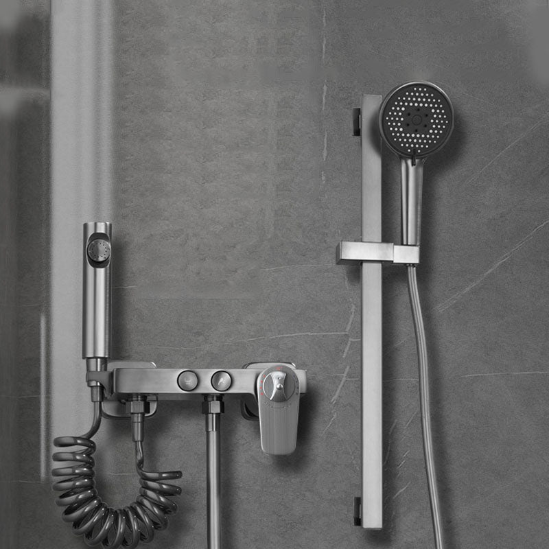 Contemporary Tub Filler Trim Wall Mount with Handshower and Hose Thermostat ABS Spray Gun Risers Included Clearhalo 'Bathroom Remodel & Bathroom Fixtures' 'Bathtub Faucets' 'bathtub_faucets' 'Home Improvement' 'home_improvement' 'home_improvement_bathtub_faucets' 7011676