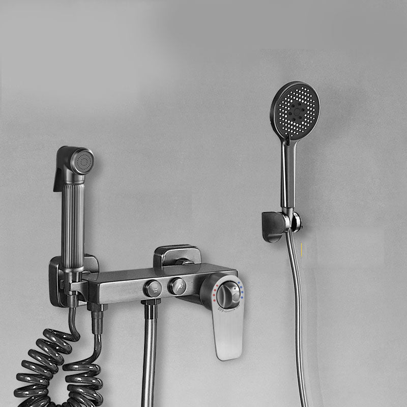 Contemporary Tub Filler Trim Wall Mount with Handshower and Hose Thermostat Copper Spray Gun Risers Not Included Clearhalo 'Bathroom Remodel & Bathroom Fixtures' 'Bathtub Faucets' 'bathtub_faucets' 'Home Improvement' 'home_improvement' 'home_improvement_bathtub_faucets' 7011681