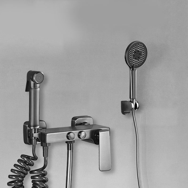 Contemporary Tub Filler Trim Wall Mount with Handshower and Hose Cold and Hot Control Copper Spray Gun Risers Not Included Clearhalo 'Bathroom Remodel & Bathroom Fixtures' 'Bathtub Faucets' 'bathtub_faucets' 'Home Improvement' 'home_improvement' 'home_improvement_bathtub_faucets' 7011689