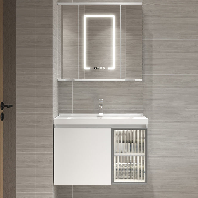 White Vanity Single Sink Rectangular 2 Drawers Wall-Mounted Bath Vanity with Mirror Vanity & Faucet & Smart Medicine Cabinet Folding Mirror Cabinet Clearhalo 'Bathroom Remodel & Bathroom Fixtures' 'Bathroom Vanities' 'bathroom_vanities' 'Home Improvement' 'home_improvement' 'home_improvement_bathroom_vanities' 7017979