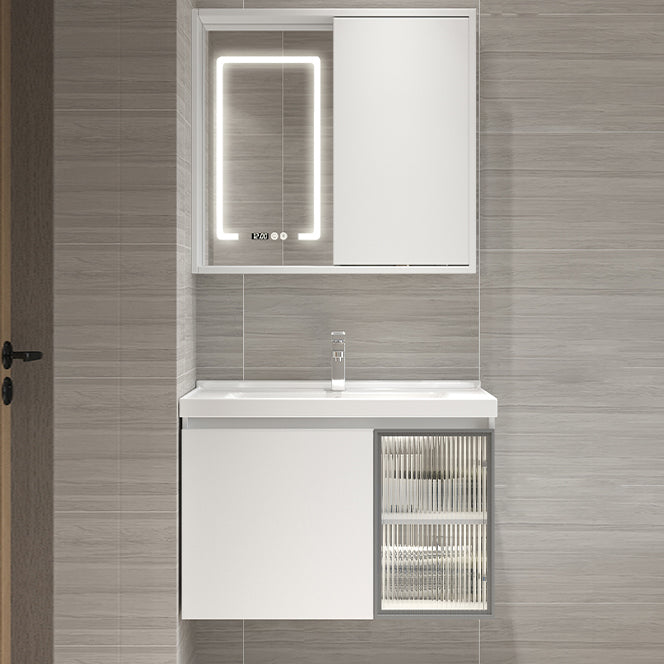 White Vanity Single Sink Rectangular 2 Drawers Wall-Mounted Bath Vanity with Mirror Vanity & Faucet & Smart Medicine Cabinet Push and Pull Mirror Cabinet Clearhalo 'Bathroom Remodel & Bathroom Fixtures' 'Bathroom Vanities' 'bathroom_vanities' 'Home Improvement' 'home_improvement' 'home_improvement_bathroom_vanities' 7017983