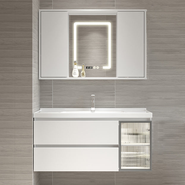 White Vanity Single Sink Rectangular 2 Drawers Wall-Mounted Bath Vanity with Mirror Vanity & Faucet & Smart Medicine Cabinet Push and Pull Mirror Cabinet Clearhalo 'Bathroom Remodel & Bathroom Fixtures' 'Bathroom Vanities' 'bathroom_vanities' 'Home Improvement' 'home_improvement' 'home_improvement_bathroom_vanities' 7017984