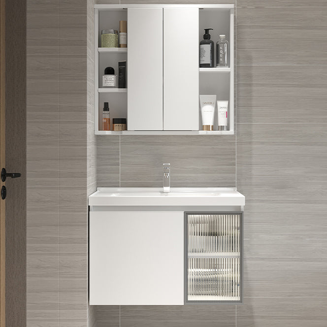 White Vanity Single Sink Rectangular 2 Drawers Wall-Mounted Bath Vanity with Mirror Vanity & Faucet & Mirror Cabinet Folding Mirror Cabinet Clearhalo 'Bathroom Remodel & Bathroom Fixtures' 'Bathroom Vanities' 'bathroom_vanities' 'Home Improvement' 'home_improvement' 'home_improvement_bathroom_vanities' 7017986