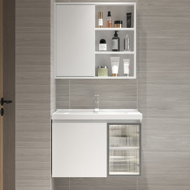 White Vanity Single Sink Rectangular 2 Drawers Wall-Mounted Bath Vanity with Mirror Vanity & Faucet & Mirror Cabinet Push and Pull Mirror Cabinet Clearhalo 'Bathroom Remodel & Bathroom Fixtures' 'Bathroom Vanities' 'bathroom_vanities' 'Home Improvement' 'home_improvement' 'home_improvement_bathroom_vanities' 7017990