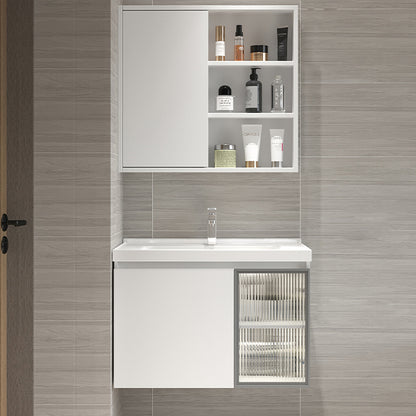 White Vanity Single Sink Rectangular 2 Drawers Wall-Mounted Bath Vanity with Mirror Vanity & Faucet & Mirror Cabinet Push and Pull Mirror Cabinet Clearhalo 'Bathroom Remodel & Bathroom Fixtures' 'Bathroom Vanities' 'bathroom_vanities' 'Home Improvement' 'home_improvement' 'home_improvement_bathroom_vanities' 7017990