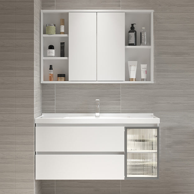 White Vanity Single Sink Rectangular 2 Drawers Wall-Mounted Bath Vanity with Mirror Vanity & Faucet & Mirror Cabinet Push and Pull Mirror Cabinet Clearhalo 'Bathroom Remodel & Bathroom Fixtures' 'Bathroom Vanities' 'bathroom_vanities' 'Home Improvement' 'home_improvement' 'home_improvement_bathroom_vanities' 7017992