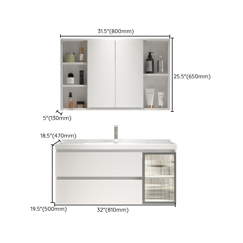 White Vanity Single Sink Rectangular 2 Drawers Wall-Mounted Bath Vanity with Mirror Clearhalo 'Bathroom Remodel & Bathroom Fixtures' 'Bathroom Vanities' 'bathroom_vanities' 'Home Improvement' 'home_improvement' 'home_improvement_bathroom_vanities' 7018003