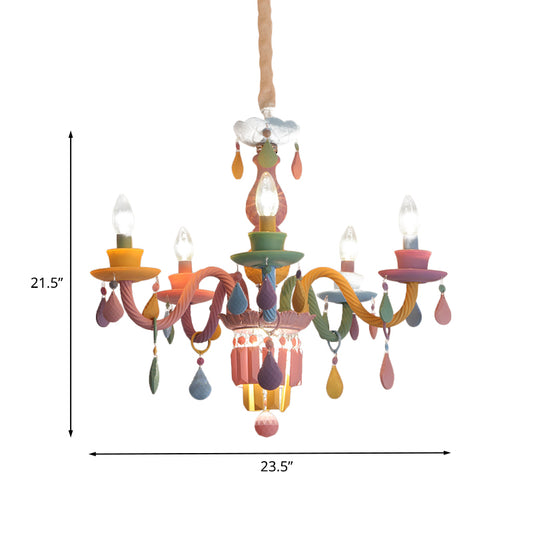 Kids Candle Ceiling Chandelier Crystal 3/5/6-Bulb Girls Bedroom Pendant Lighting in Pink with Curved Arm Clearhalo 'Ceiling Lights' 'Chandeliers' Lighting' options 702427