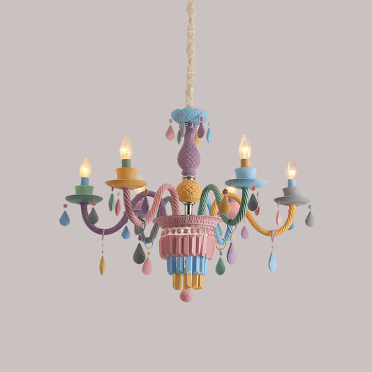 Kids Candle Ceiling Chandelier Crystal 3/5/6-Bulb Girls Bedroom Pendant Lighting in Pink with Curved Arm Clearhalo 'Ceiling Lights' 'Chandeliers' Lighting' options 702431