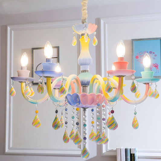 Curvy Arm Pendant Chandelier Kids Crystal 6 Heads Blue Hanging Light Kit with Candle Design Clearhalo 'Ceiling Lights' 'Chandeliers' Lighting' options 702438