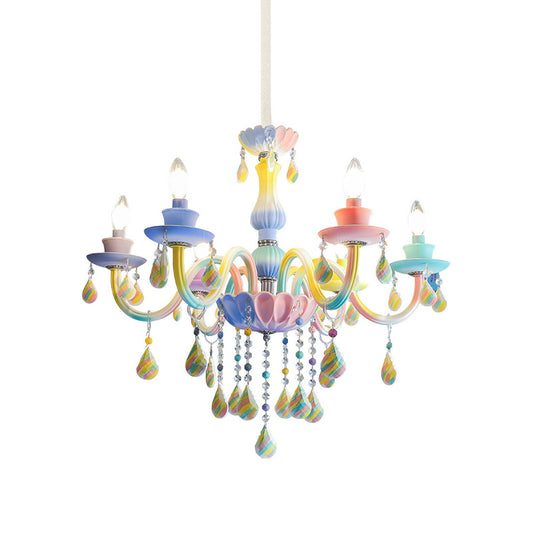 Curvy Arm Pendant Chandelier Kids Crystal 6 Heads Blue Hanging Light Kit with Candle Design Clearhalo 'Ceiling Lights' 'Chandeliers' Lighting' options 702441