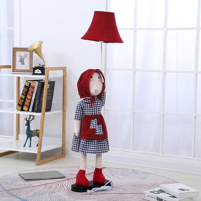 Pig Lady Floor Lighting Cartoon Fabric 1 Head Red Standing Floor Lamp with Bell Shade Clearhalo 'Floor Lamps' 'Lamps' Lighting' 702464