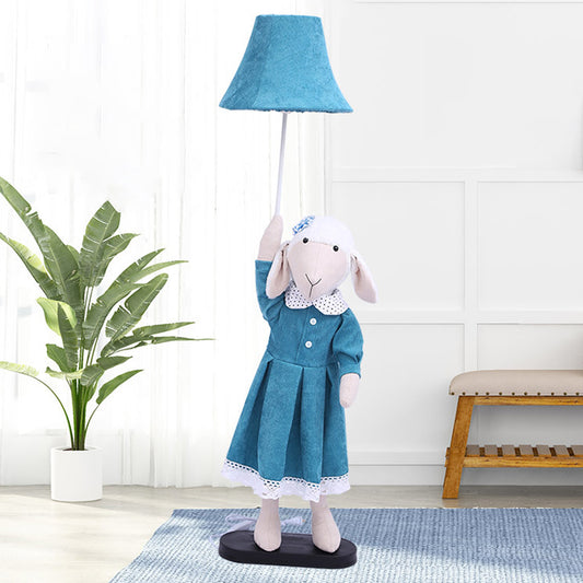 Cartoon Sheep Lady Floor Lighting Fabric 1 Light living Room Reading Floor Lamp with Bell Shade in Blue Blue Clearhalo 'Floor Lamps' 'Lamps' Lighting' 702467