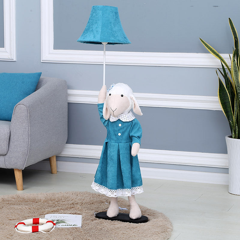 Cartoon Sheep Lady Floor Lighting Fabric 1 Light living Room Reading Floor Lamp with Bell Shade in Blue Clearhalo 'Floor Lamps' 'Lamps' Lighting' 702468