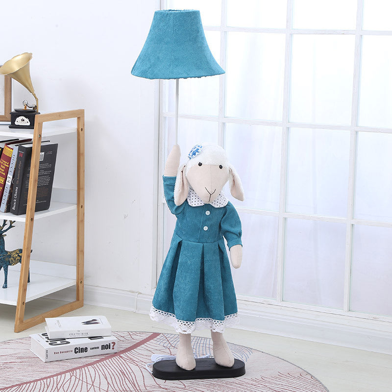 Cartoon Sheep Lady Floor Lighting Fabric 1 Light living Room Reading Floor Lamp with Bell Shade in Blue Clearhalo 'Floor Lamps' 'Lamps' Lighting' 702469