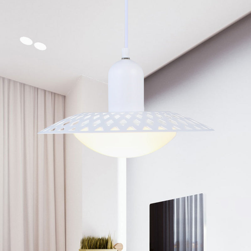 White Finish Hollowed Dosa Pendant Modern 1 Head Metal Ceiling Lamp with Dome Acrylic Shade, 12"/16" W White Clearhalo 'Ceiling Lights' 'Modern Pendants' 'Modern' 'Pendant Lights' 'Pendants' Lighting' 702511