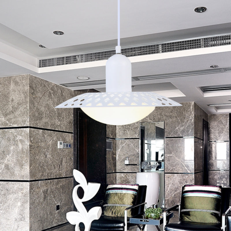 White Finish Hollowed Dosa Pendant Modern 1 Head Metal Ceiling Lamp with Dome Acrylic Shade, 12"/16" W Clearhalo 'Ceiling Lights' 'Modern Pendants' 'Modern' 'Pendant Lights' 'Pendants' Lighting' 702512