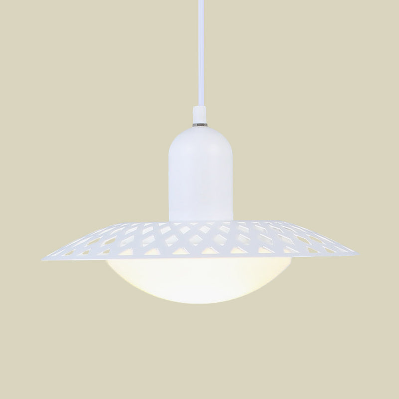 White Finish Hollowed Dosa Pendant Modern 1 Head Metal Ceiling Lamp with Dome Acrylic Shade, 12"/16" W Clearhalo 'Ceiling Lights' 'Modern Pendants' 'Modern' 'Pendant Lights' 'Pendants' Lighting' 702514