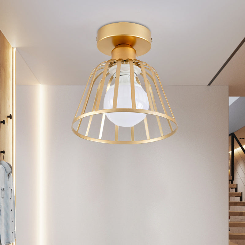 Minimalist Bowl Cage Semi Flush Lighting Iron 1 Bulb Corridor Ceiling Flush Mount in Black/Gold Gold Clearhalo 'Ceiling Lights' 'Close To Ceiling Lights' 'Close to ceiling' 'Semi-flushmount' Lighting' 702561