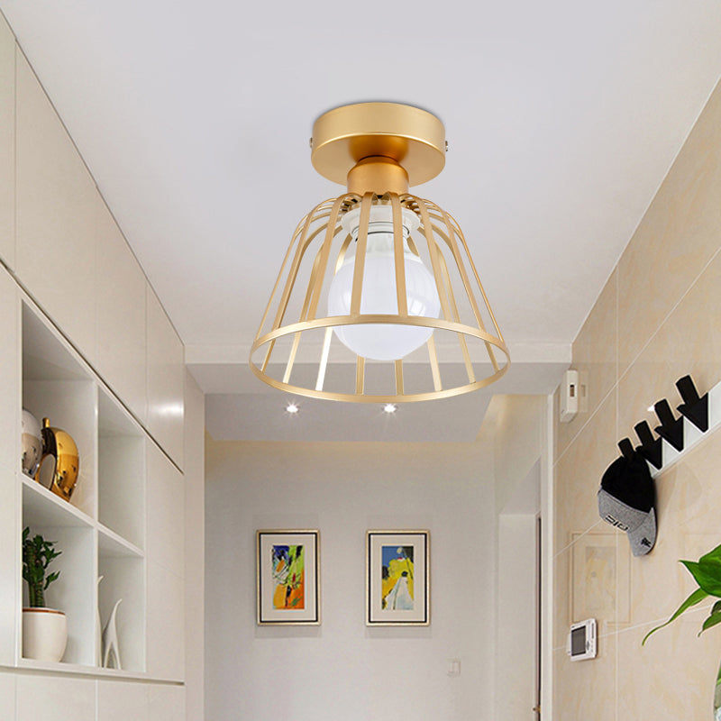 Minimalist Bowl Cage Semi Flush Lighting Iron 1 Bulb Corridor Ceiling Flush Mount in Black/Gold Clearhalo 'Ceiling Lights' 'Close To Ceiling Lights' 'Close to ceiling' 'Semi-flushmount' Lighting' 702562