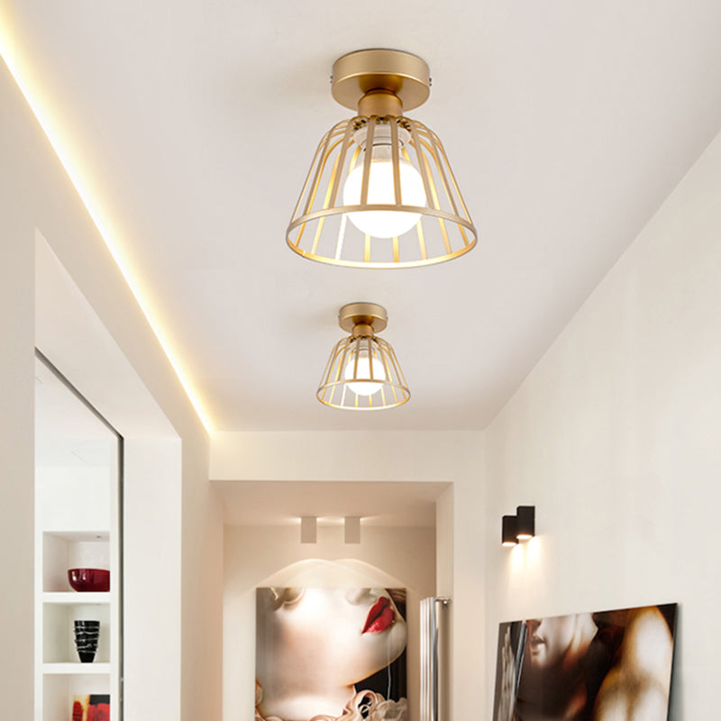 Minimalist Bowl Cage Semi Flush Lighting Iron 1 Bulb Corridor Ceiling Flush Mount in Black/Gold Clearhalo 'Ceiling Lights' 'Close To Ceiling Lights' 'Close to ceiling' 'Semi-flushmount' Lighting' 702563