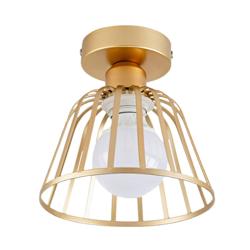 Minimalist Bowl Cage Semi Flush Lighting Iron 1 Bulb Corridor Ceiling Flush Mount in Black/Gold Clearhalo 'Ceiling Lights' 'Close To Ceiling Lights' 'Close to ceiling' 'Semi-flushmount' Lighting' 702564