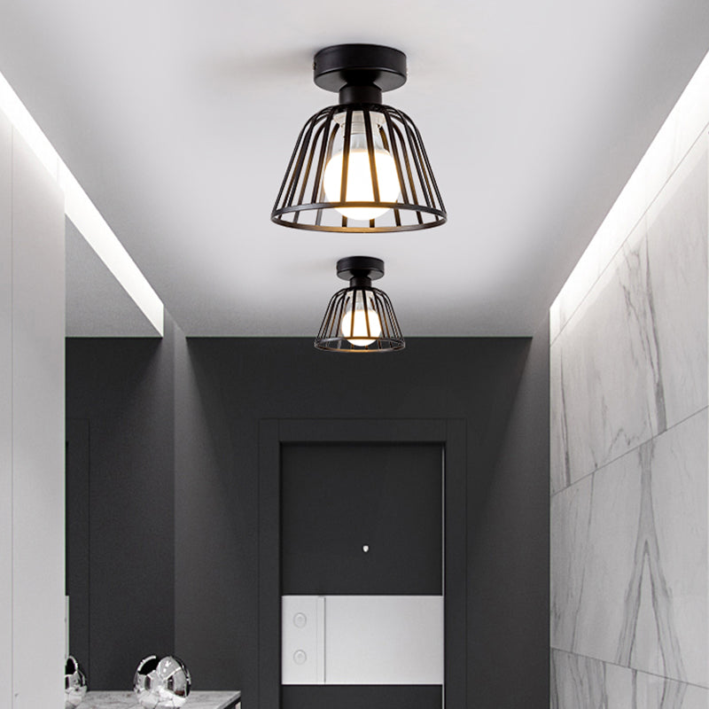 Minimalist Bowl Cage Semi Flush Lighting Iron 1 Bulb Corridor Ceiling Flush Mount in Black/Gold Clearhalo 'Ceiling Lights' 'Close To Ceiling Lights' 'Close to ceiling' 'Semi-flushmount' Lighting' 702567