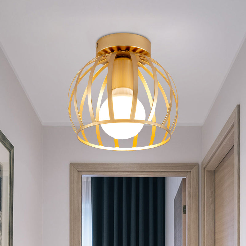 1 Light Corridor Flush Light Fixture Simple Black/Gold Finish Flush Mounted Lamp with Globe Cage Iron Shade Gold Clearhalo 'Ceiling Lights' 'Close To Ceiling Lights' 'Close to ceiling' 'Semi-flushmount' Lighting' 702569