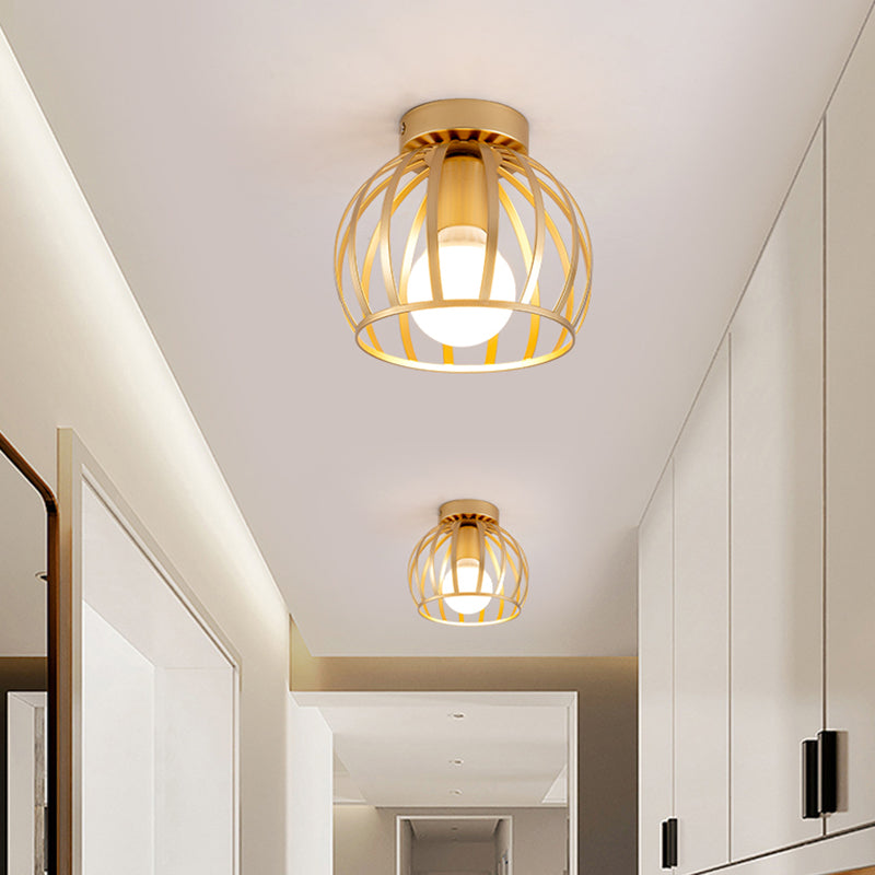 1 Light Corridor Flush Light Fixture Simple Black/Gold Finish Flush Mounted Lamp with Globe Cage Iron Shade Clearhalo 'Ceiling Lights' 'Close To Ceiling Lights' 'Close to ceiling' 'Semi-flushmount' Lighting' 702570