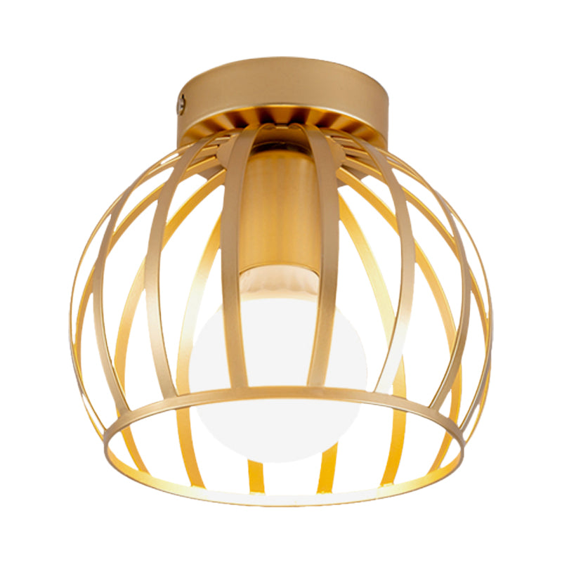 1 Light Corridor Flush Light Fixture Simple Black/Gold Finish Flush Mounted Lamp with Globe Cage Iron Shade Clearhalo 'Ceiling Lights' 'Close To Ceiling Lights' 'Close to ceiling' 'Semi-flushmount' Lighting' 702571