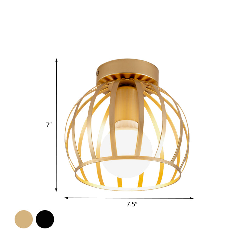1 Light Corridor Flush Light Fixture Simple Black/Gold Finish Flush Mounted Lamp with Globe Cage Iron Shade Clearhalo 'Ceiling Lights' 'Close To Ceiling Lights' 'Close to ceiling' 'Semi-flushmount' Lighting' 702573
