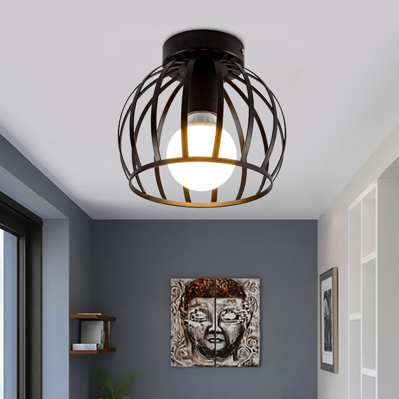 1 Light Corridor Flush Light Fixture Simple Black/Gold Finish Flush Mounted Lamp with Globe Cage Iron Shade Black Clearhalo 'Ceiling Lights' 'Close To Ceiling Lights' 'Close to ceiling' 'Semi-flushmount' Lighting' 702574