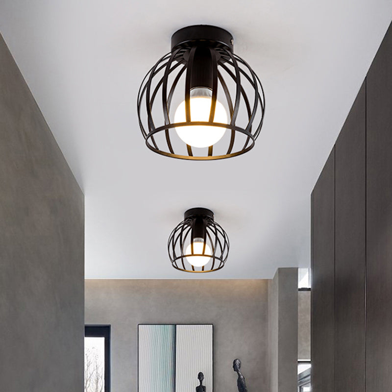 1 Light Corridor Flush Light Fixture Simple Black/Gold Finish Flush Mounted Lamp with Globe Cage Iron Shade Clearhalo 'Ceiling Lights' 'Close To Ceiling Lights' 'Close to ceiling' 'Semi-flushmount' Lighting' 702575